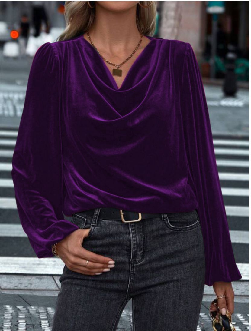 SILVIA - Top lujoso de tercopelo con cuello drapeado