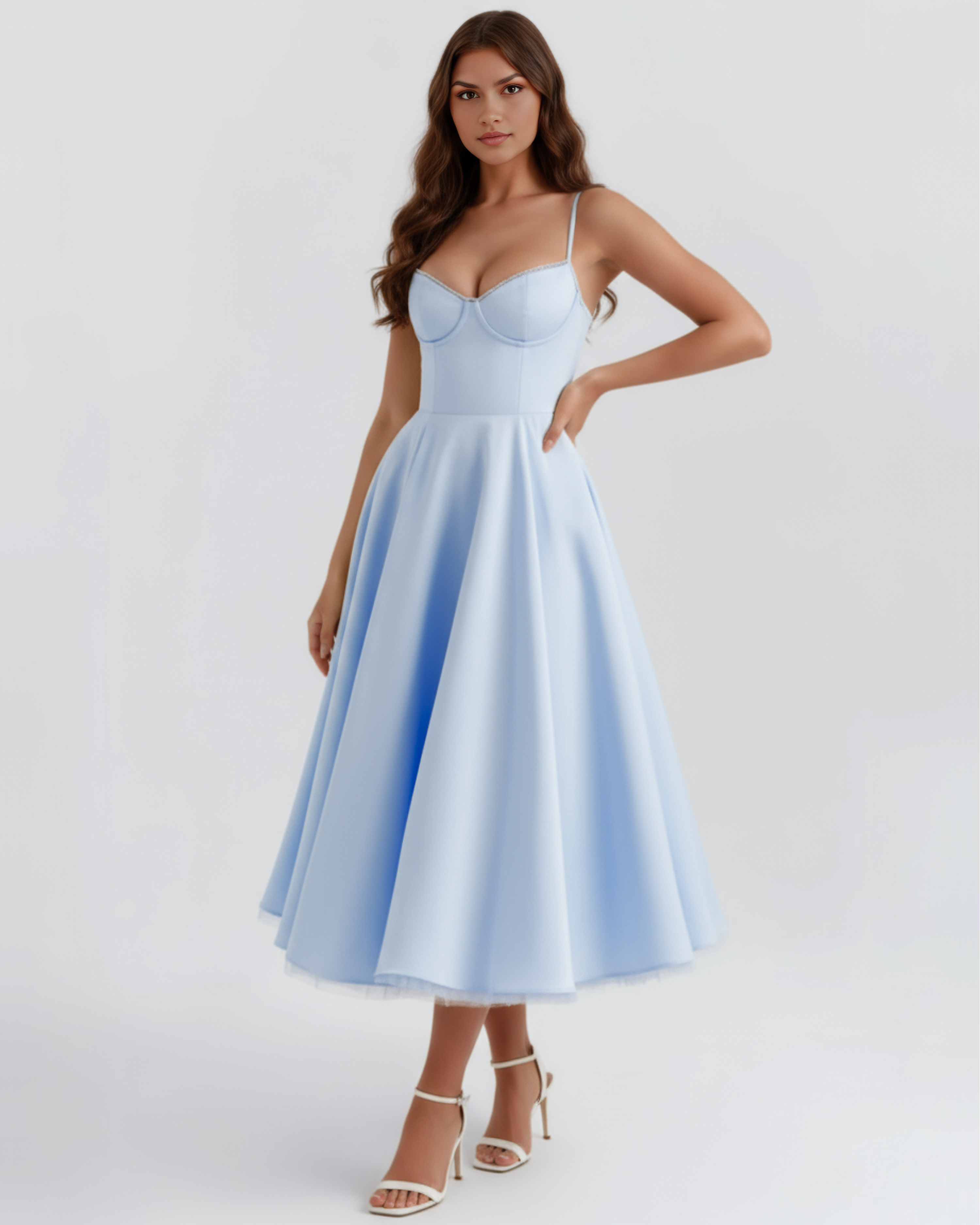 NATALIA - Vestido midi estructurado con escote corazón y falda voluminosa de tul