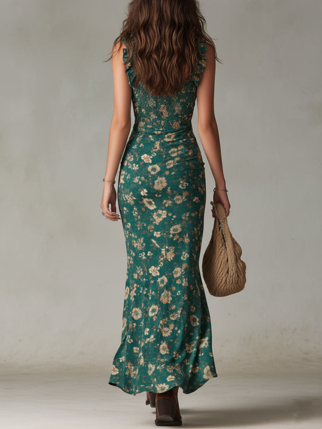 BRENDA - Vestido largo estilo boho retro con mangas con volantes y abertura alta