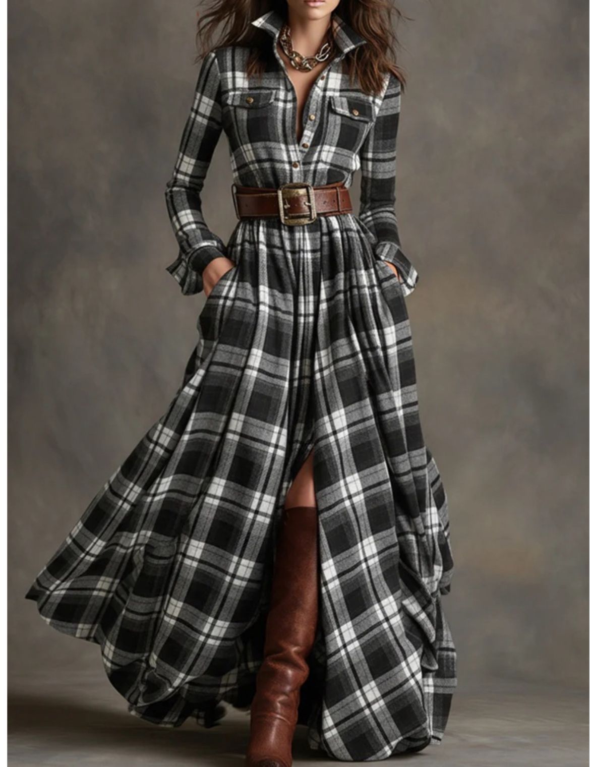 DIANA - Vestido largo a cuadros marrón rojizo con cinturón