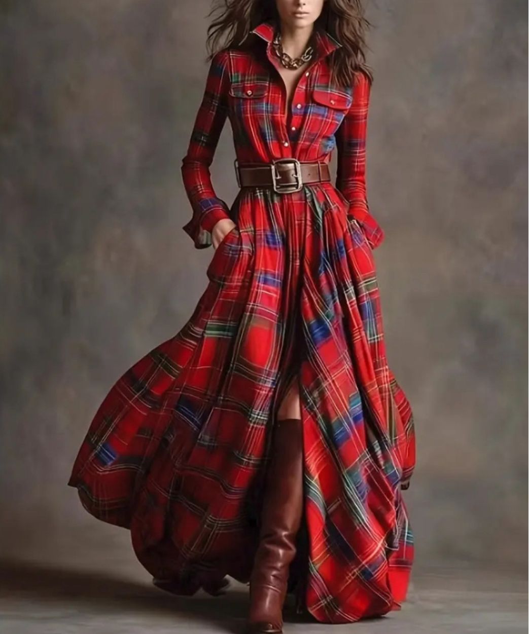 DIANA - Vestido largo a cuadros marrón rojizo con cinturón