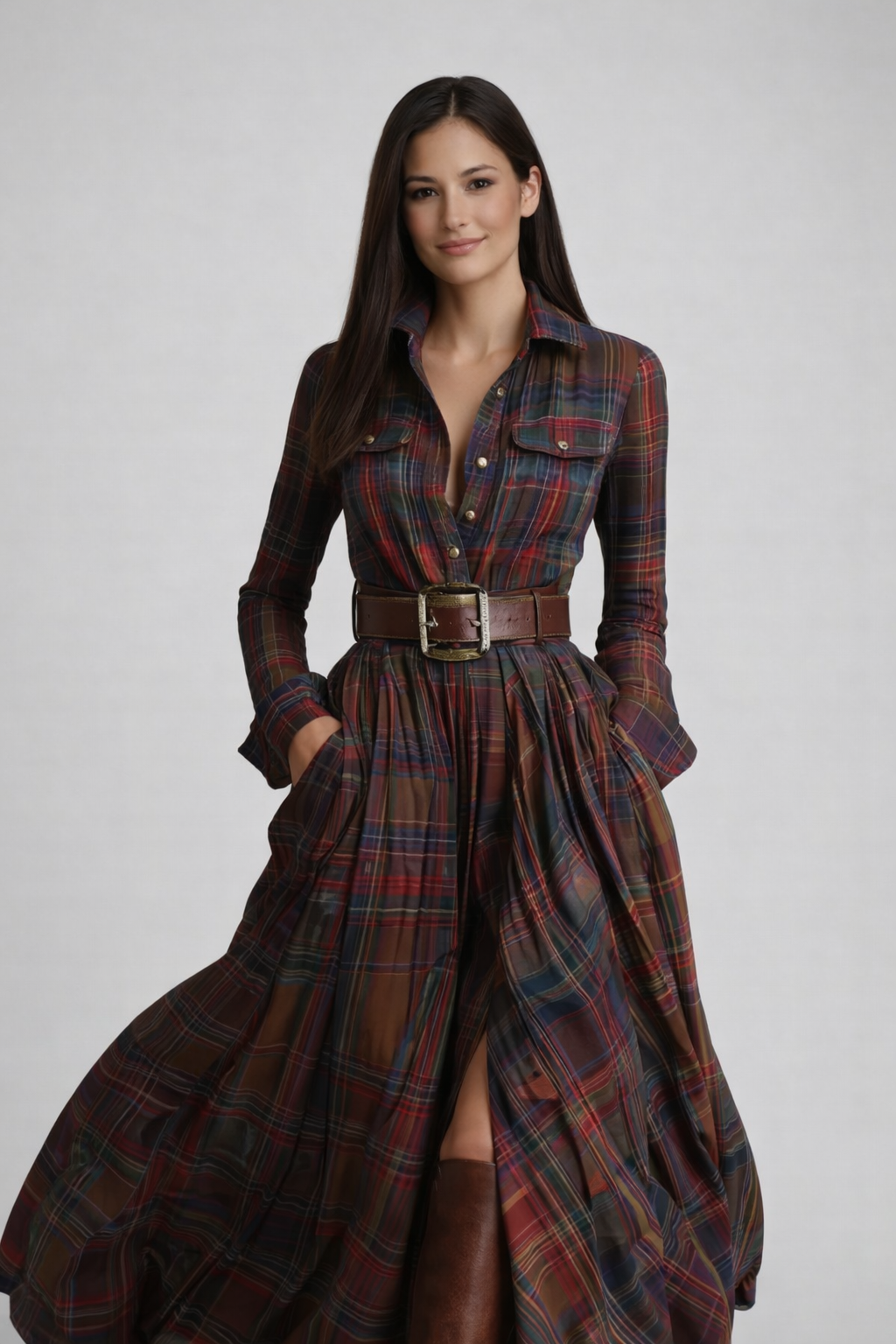 DIANA - Vestido largo a cuadros marrón rojizo con cinturón