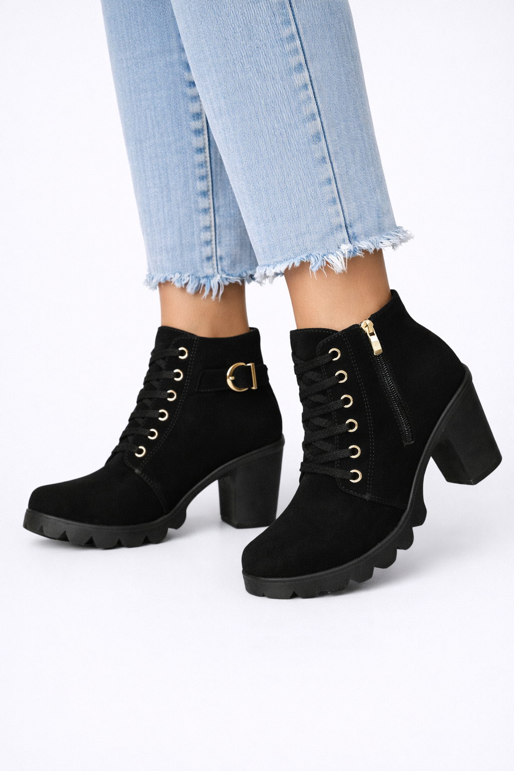 MÓNICA – Botas de tobillo con cordones, hebilla y tacón grueso