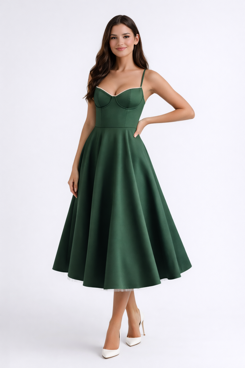 NATALIA - Vestido midi estructurado con escote corazón y falda voluminosa de tul