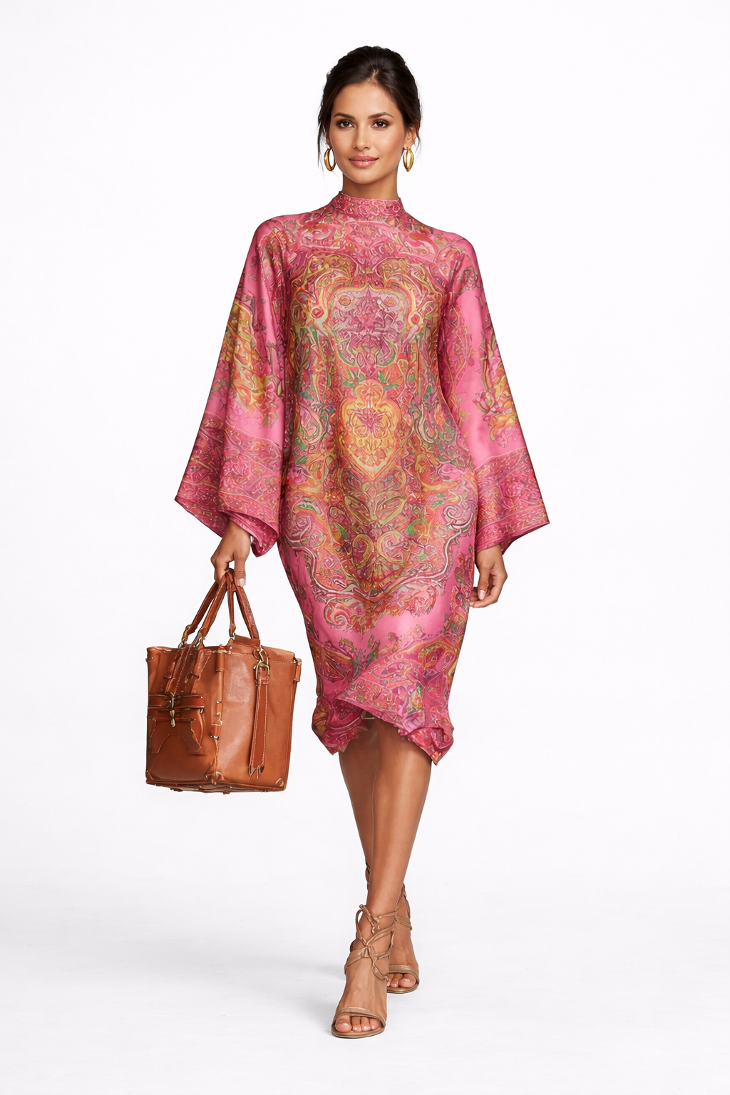 TATIANA - Vestido Midi Holgado con Estampado  y Mangas Acampanadas Rosa