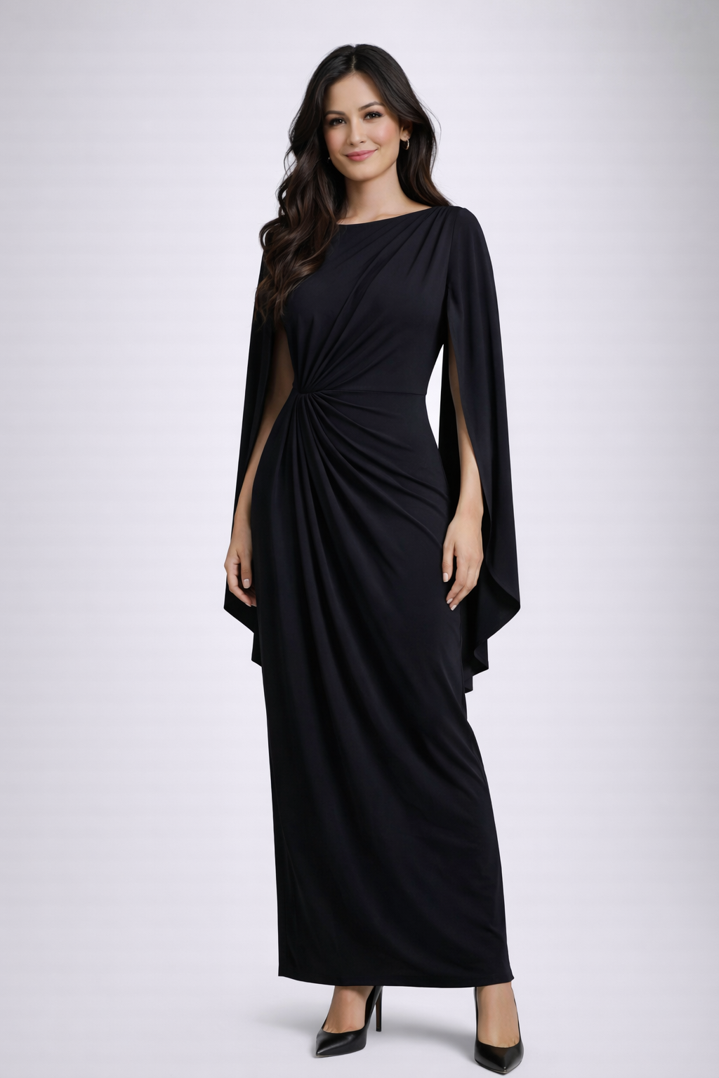 JENIFER - Elegante vestido largo con mangas tipo capa drapeadas