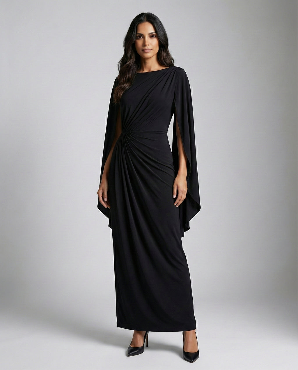JENIFER - Elegante vestido largo con mangas tipo capa drapeadas