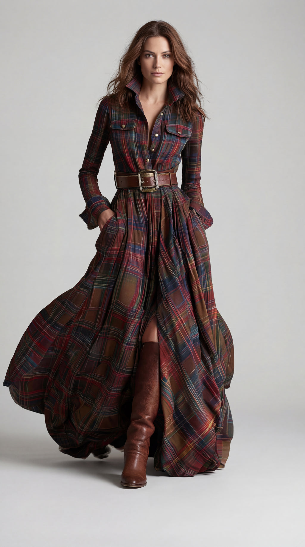 DIANA - Vestido largo a cuadros marrón rojizo con cinturón