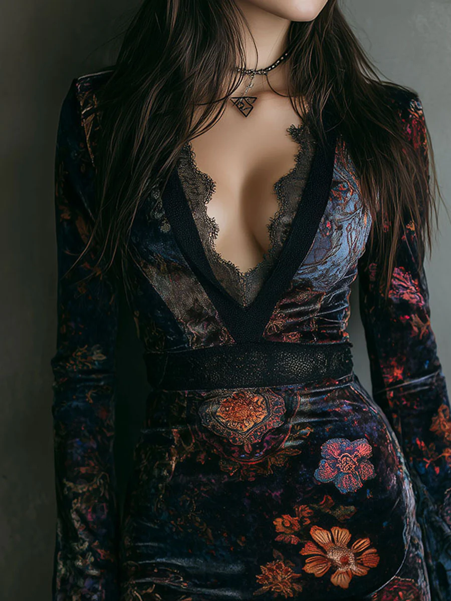 YADIRA - Vestido mini ajustado con escote en V , estamapado floral y ribete de encaje de terciopelo