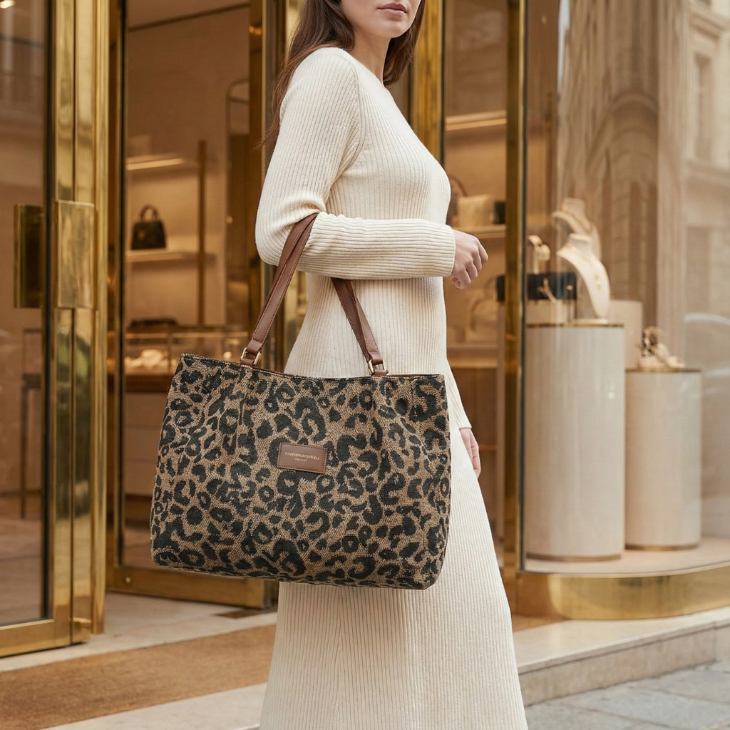AURORA - Bolso de lona con estampado de leopardo, práctico y elegante.