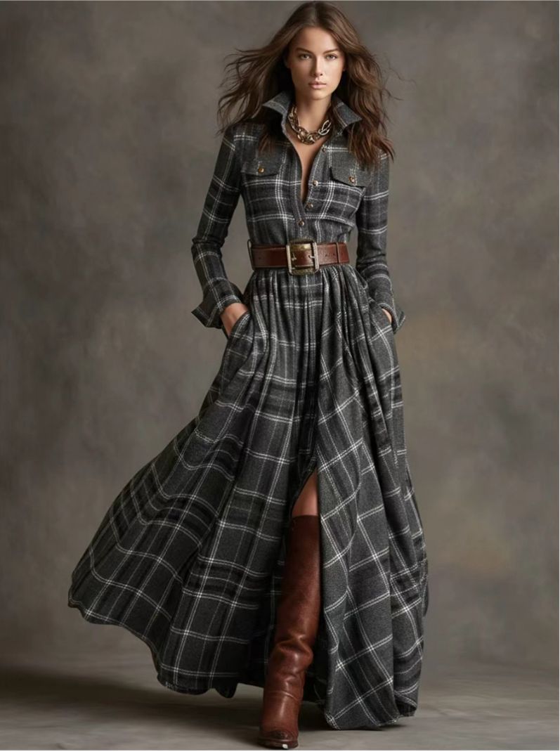 DIANA - Vestido largo a cuadros marrón rojizo con cinturón